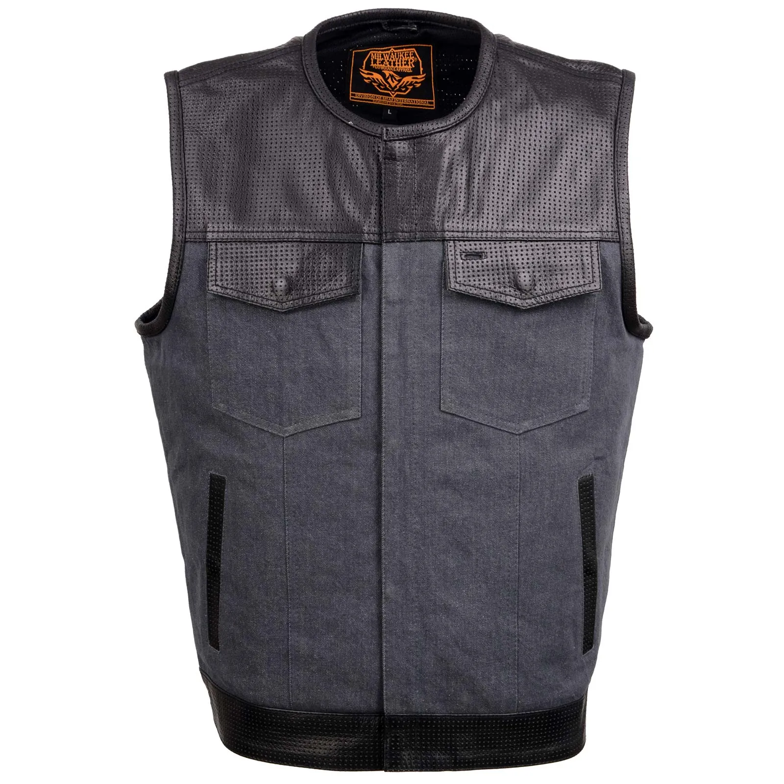 Milwaukee Leather MDM3005 Men's Brute Grey Denim w/ Black Perforated Leather Club Style Vest w/ Hidden Dual Closure