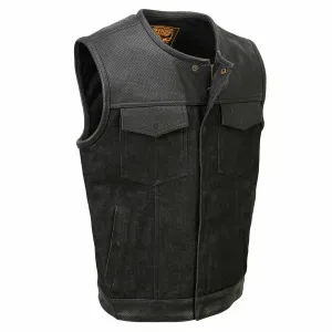 Milwaukee Leather MDM3008 Men's 'Brute' Black Perforated Leather and Denim Club Style Vest w/ Hidden Dual Closure