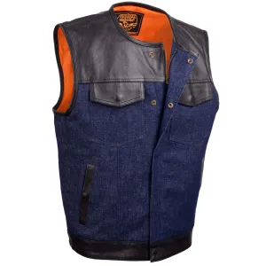 Milwaukee Leather Men's Brute Dual Closure Blue Denim and Black Leather Club Style Vest MDM3004