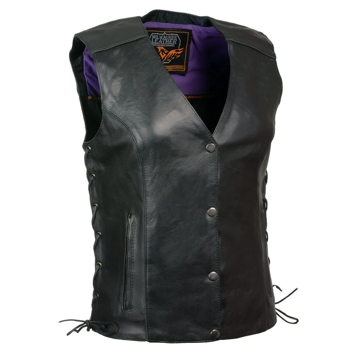 Milwaukee Leather MLL4505 Women's Black Leather Side Lace Motorcycle Rider Vest-Reflective and Studded Purple Wings