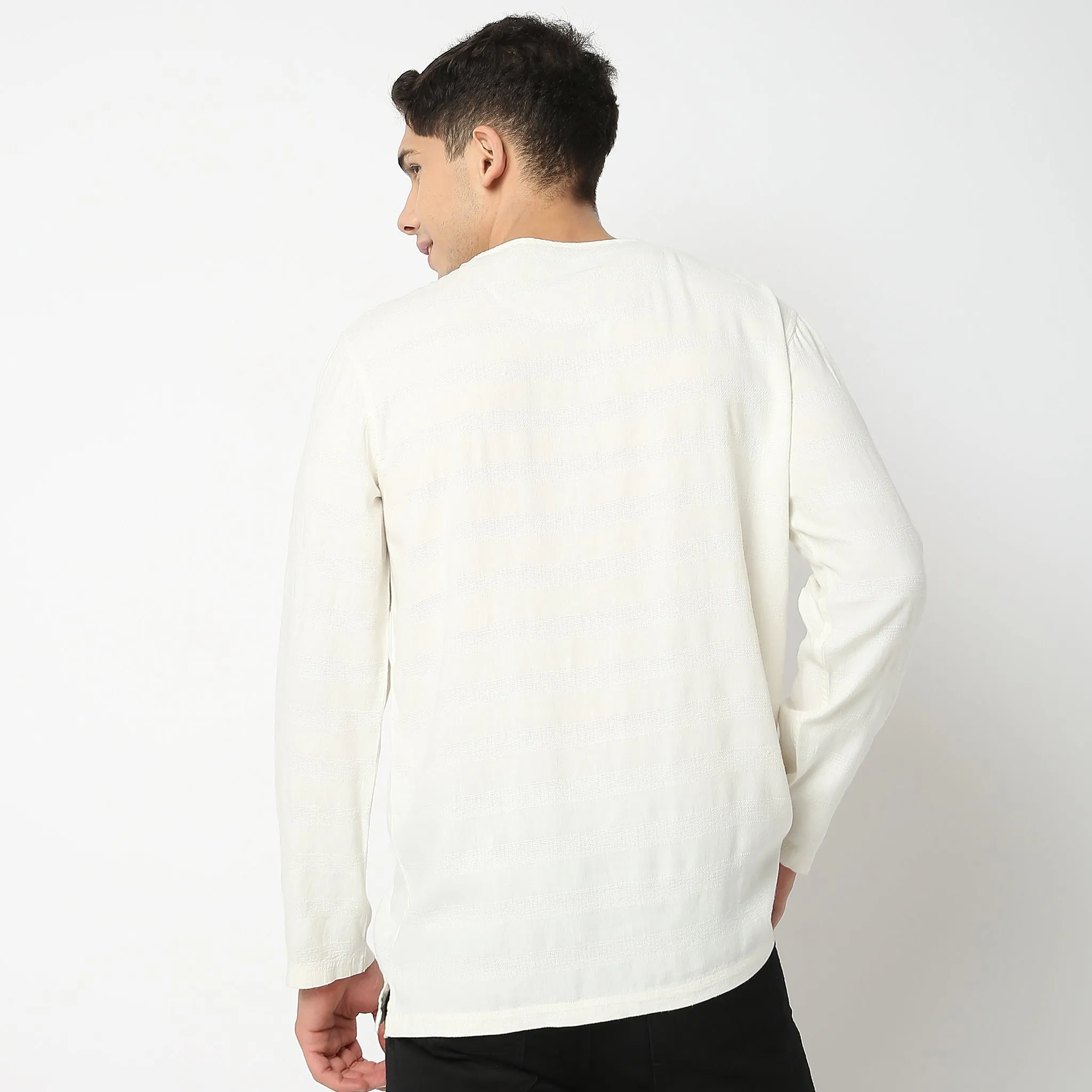 Modern Explorer - Henley Neck - Linen Blend Horizontal Self Weave Pattern - Full Sleeve Shirt