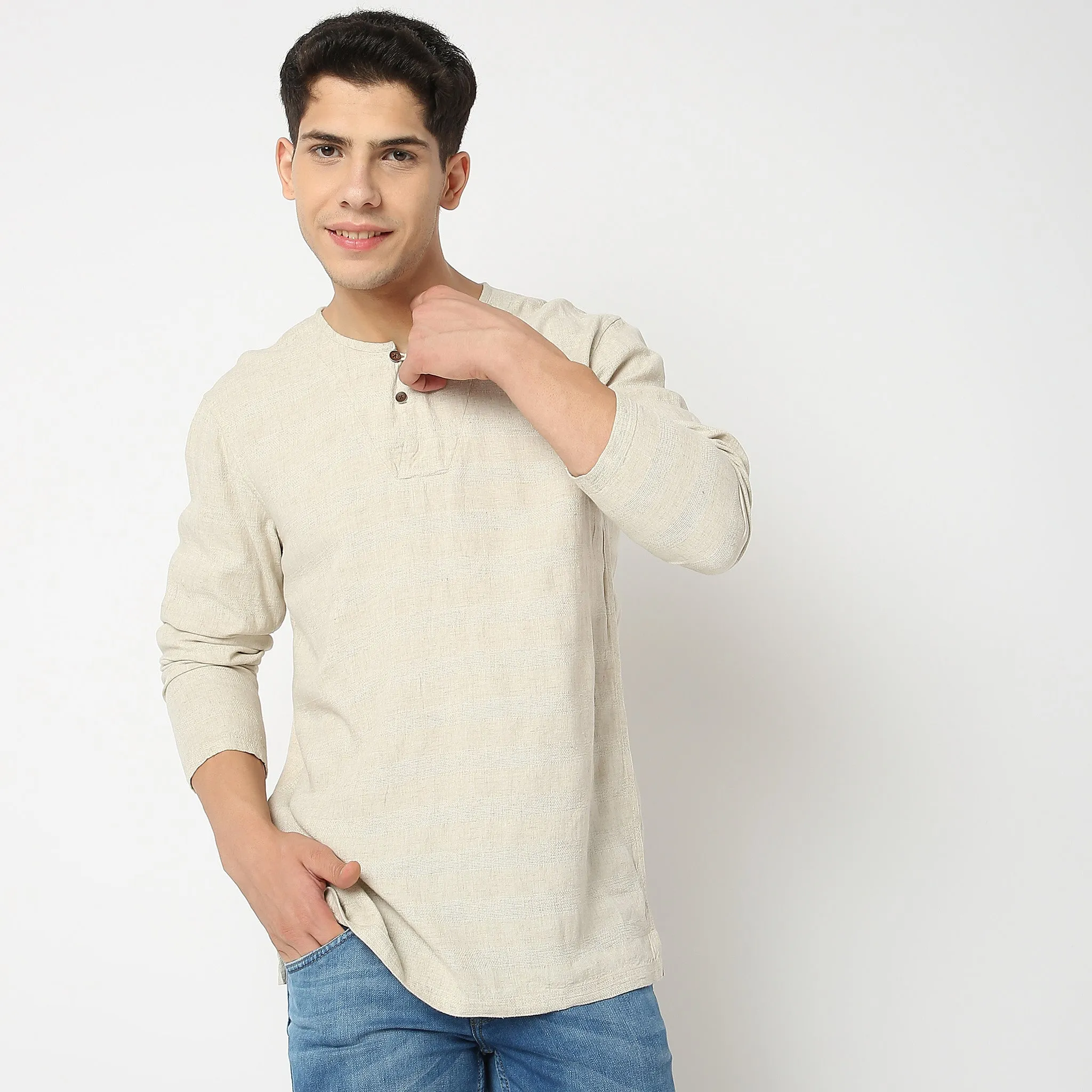 Modern Explorer - Henley Neck - Linen Blend Horizontal Self Weave Pattern - Full Sleeve Shirt