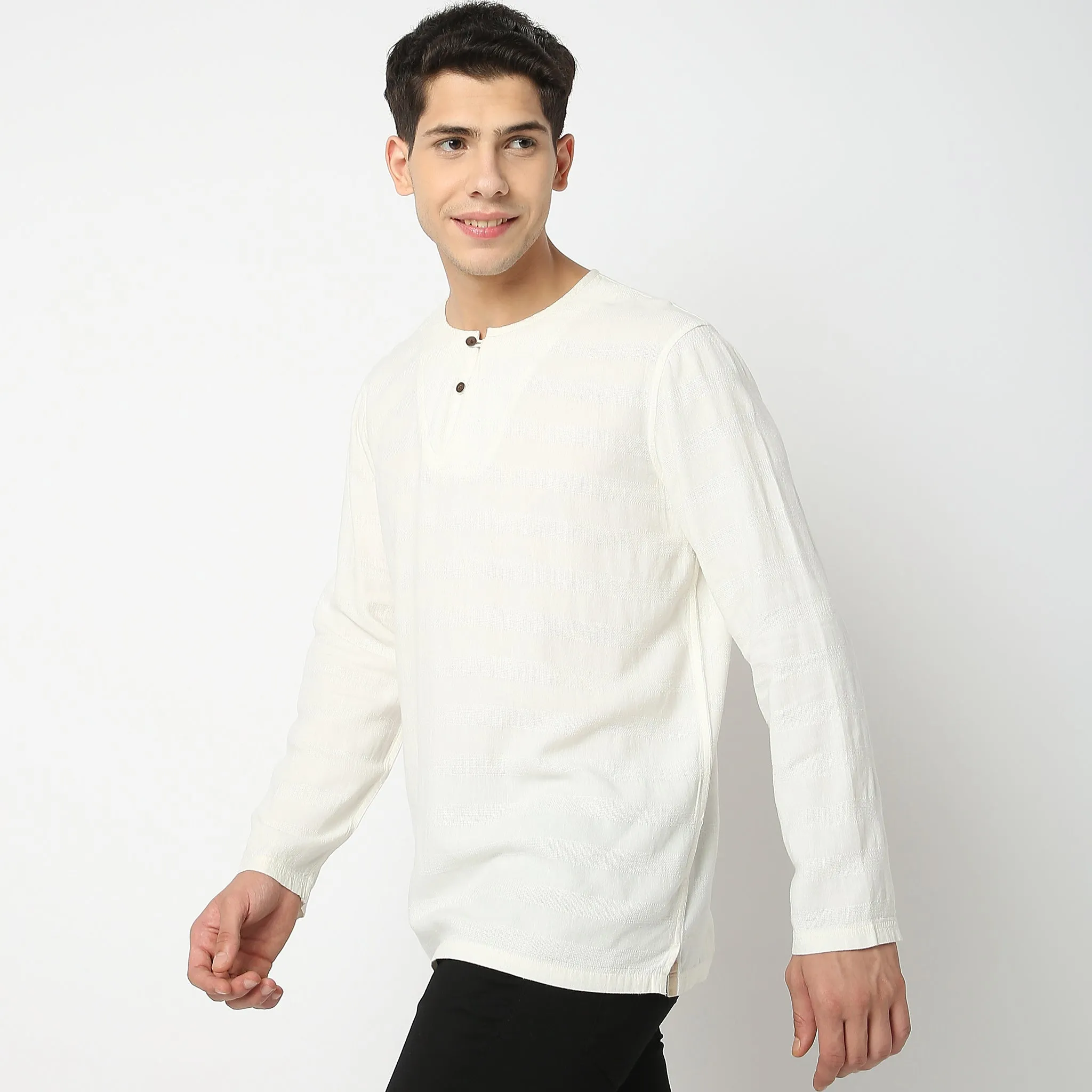 Modern Explorer - Henley Neck - Linen Blend Horizontal Self Weave Pattern - Full Sleeve Shirt