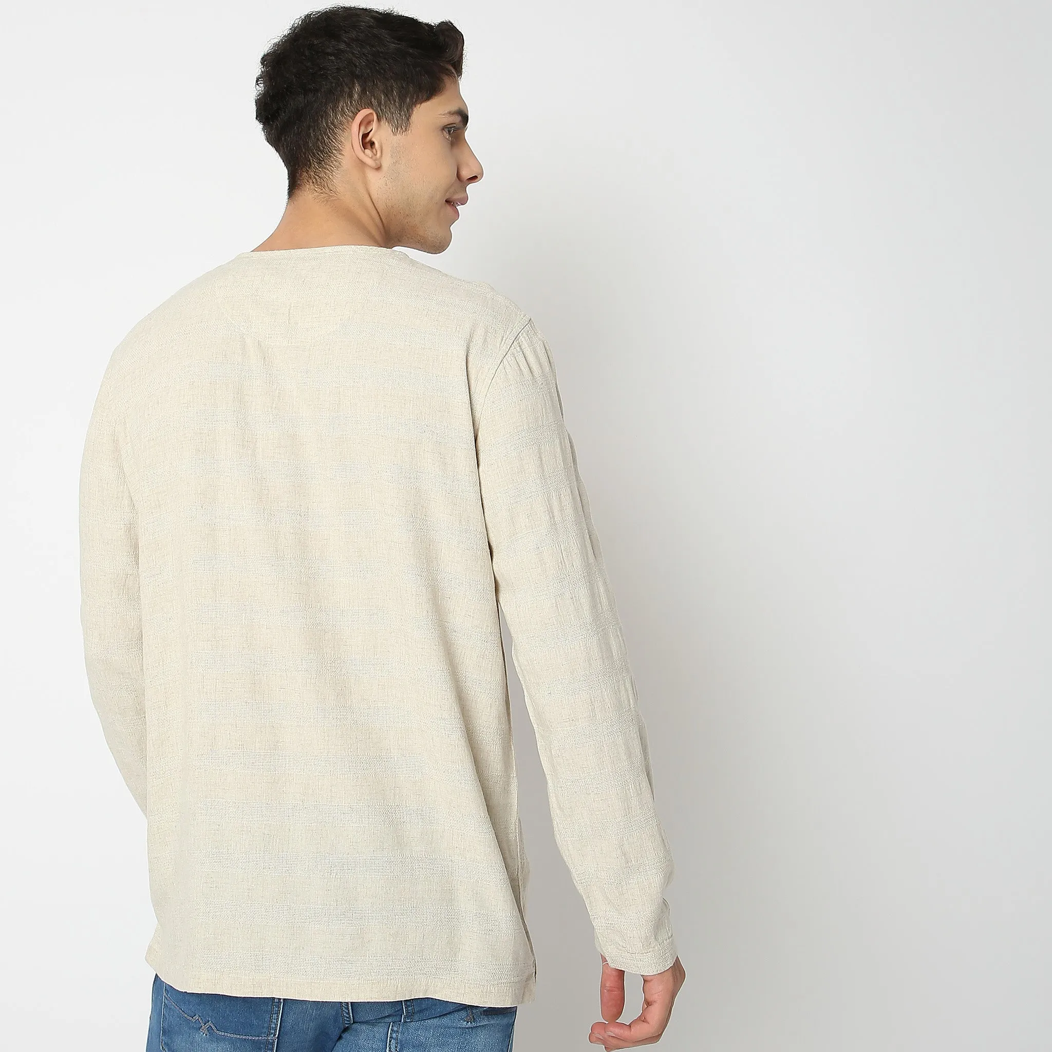 Modern Explorer - Henley Neck - Linen Blend Horizontal Self Weave Pattern - Full Sleeve Shirt