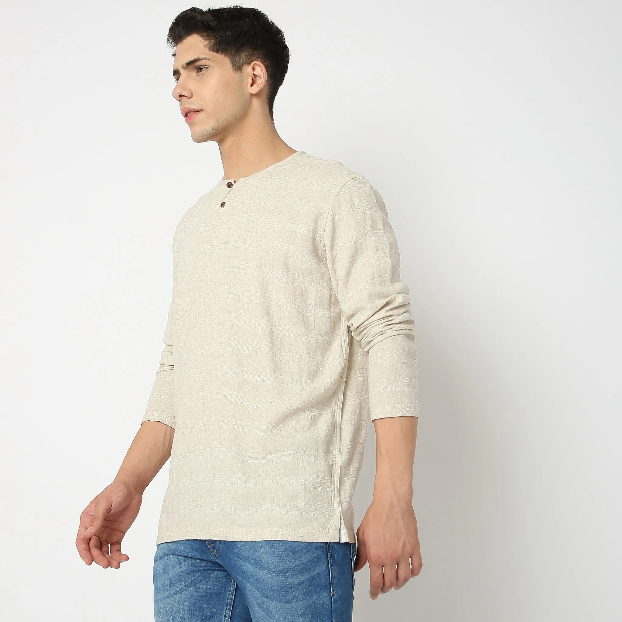 Modern Explorer - Henley Neck - Linen Blend Horizontal Self Weave Pattern - Full Sleeve Shirt