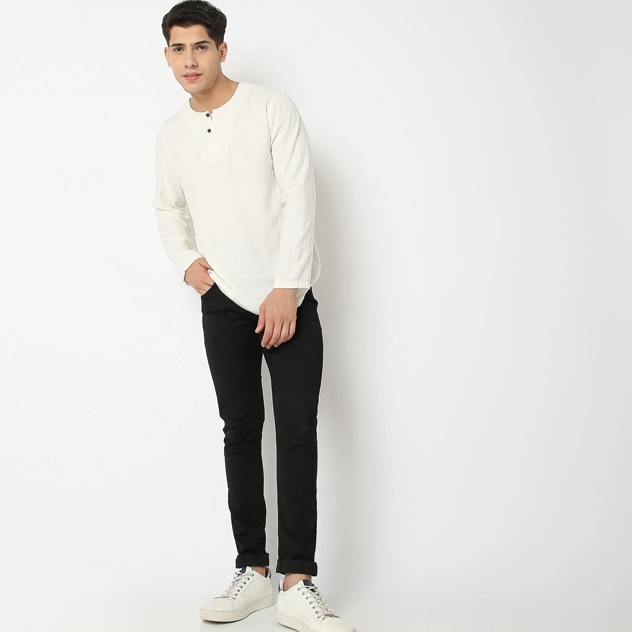 Modern Explorer - Henley Neck - Linen Blend Horizontal Self Weave Pattern - Full Sleeve Shirt