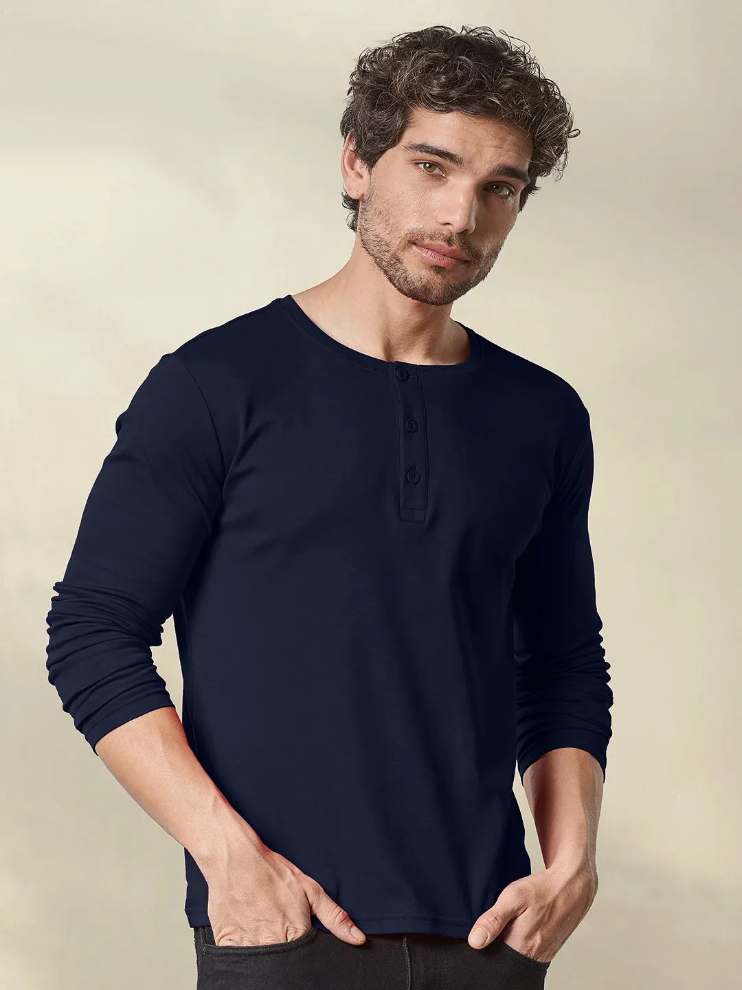 Navy Blue Henley Neck Full Sleeve Cotton Tshirt By LazyChunks