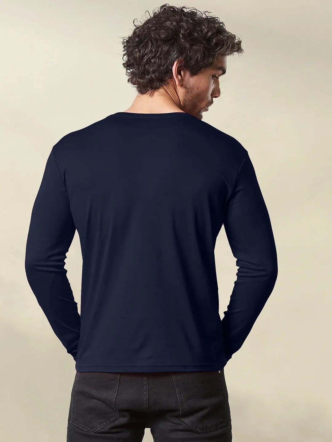 Navy Blue Henley Neck Full Sleeve Cotton Tshirt By LazyChunks