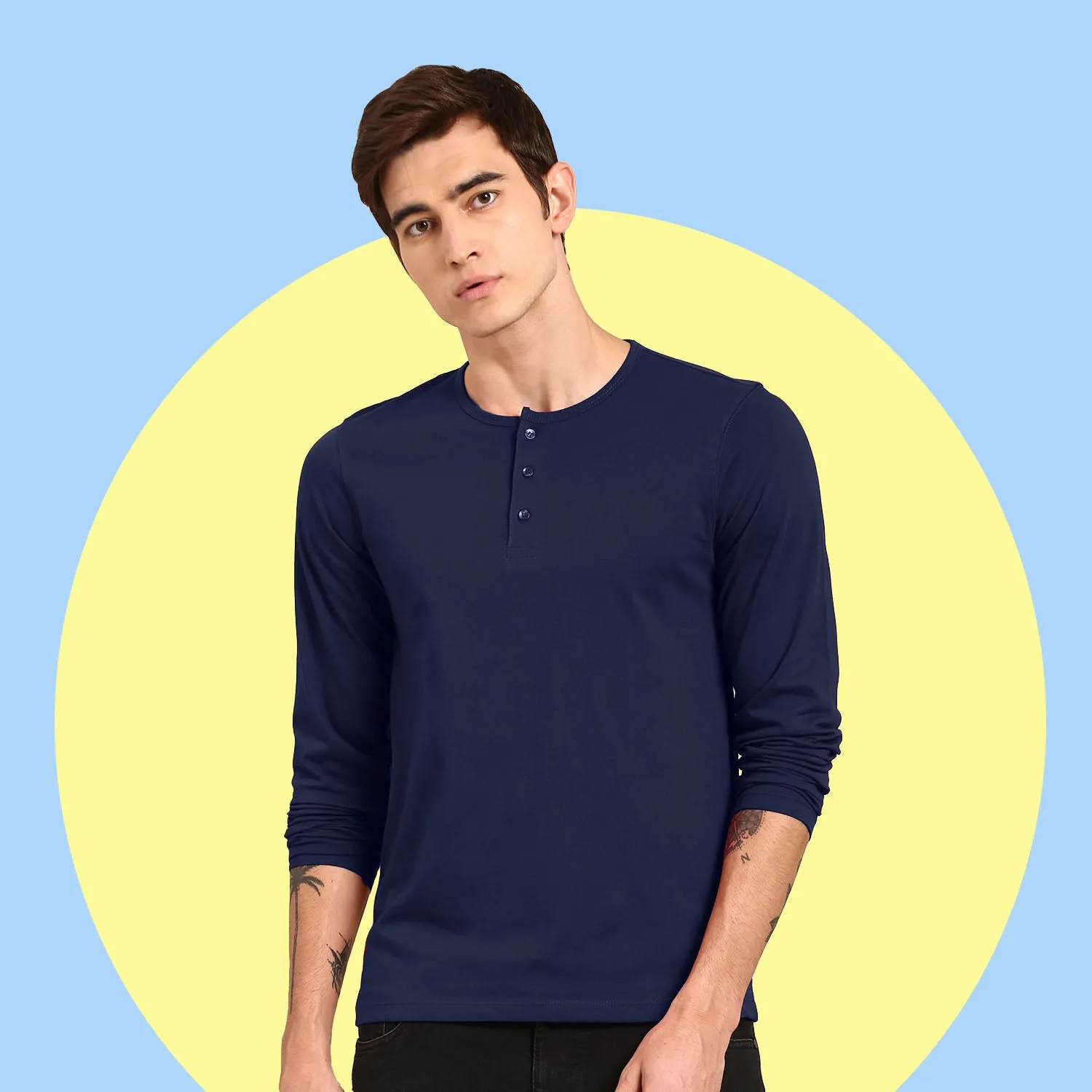 Navy Blue Henley Neck Full Sleeve Cotton Tshirt By LazyChunks