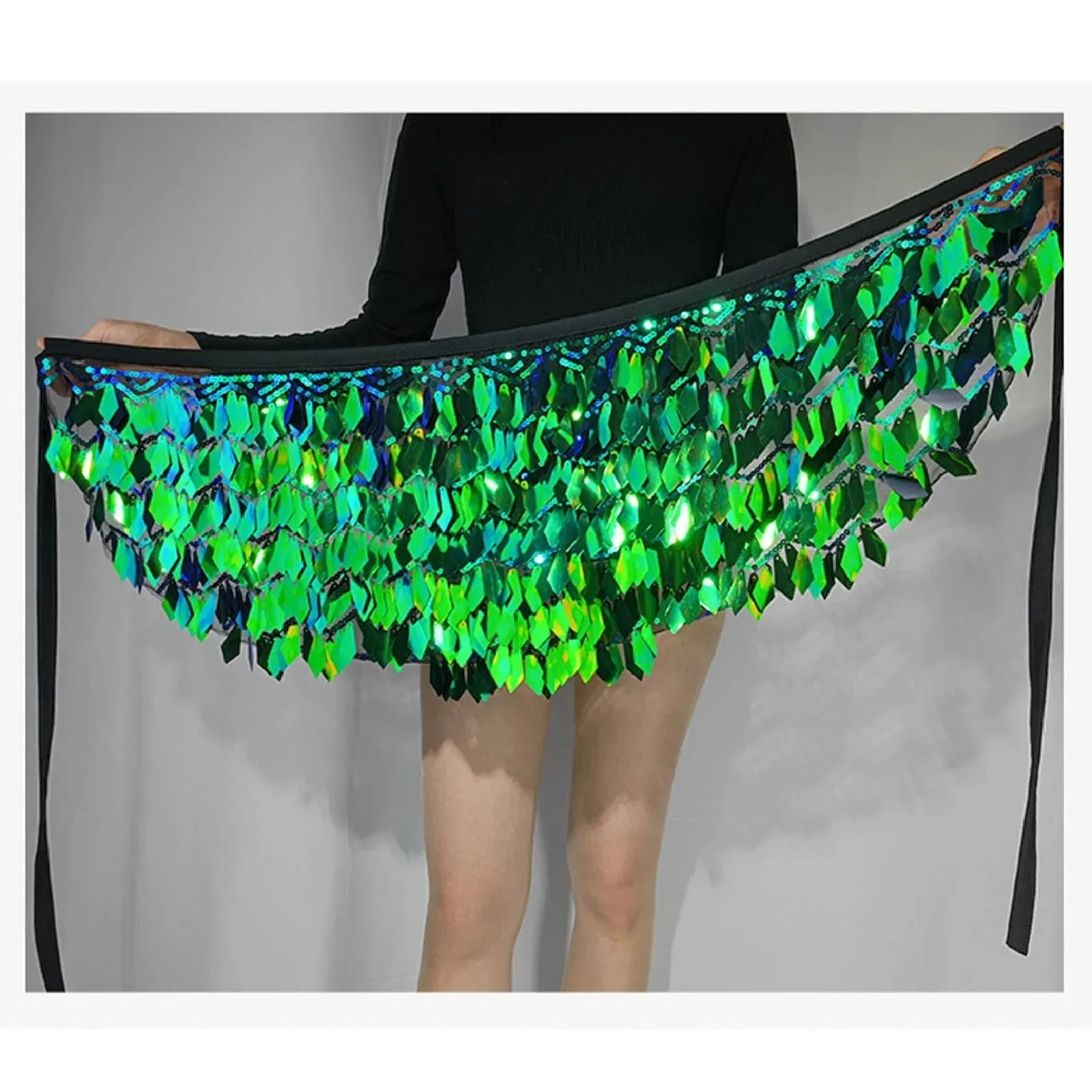 New Green Sparkly Lace Up Adjustable Party Satin Trim Split Women's Skirt