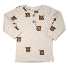 oh baby! Long Sleeve Henley Tee - Brown Bear Faces Print - Sand