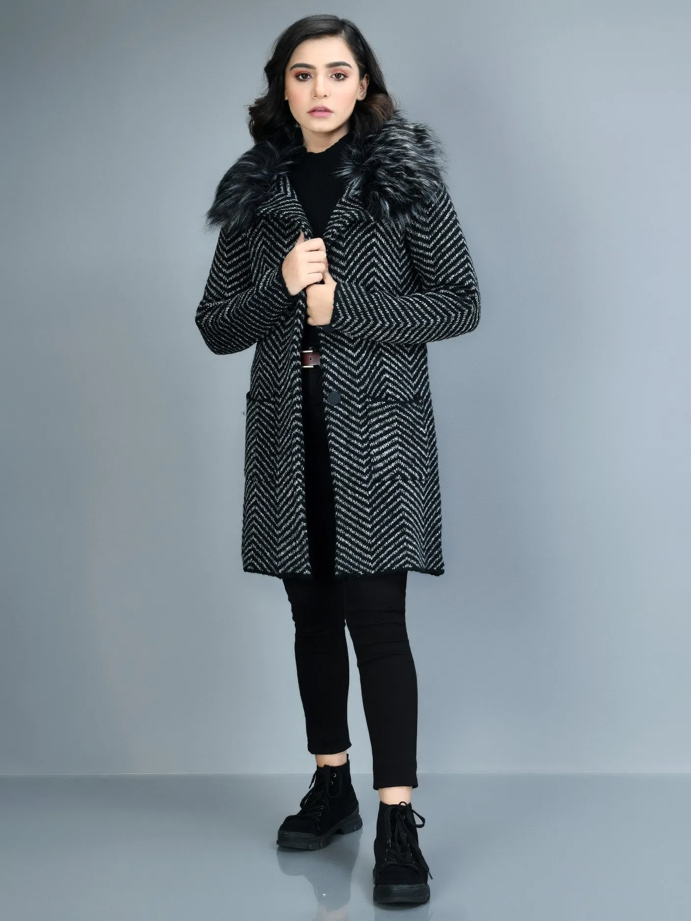 Patterned Faux Fur Coat