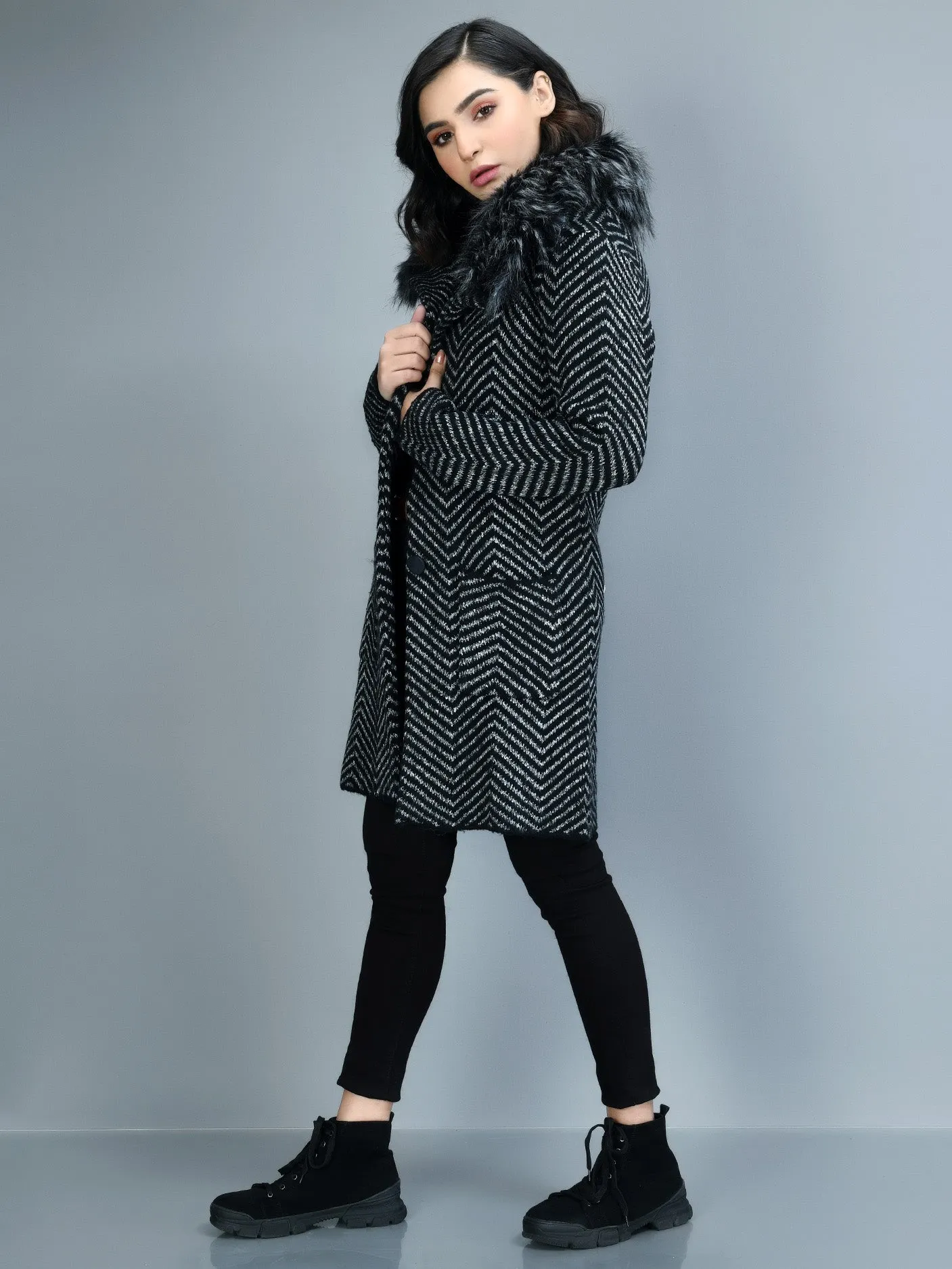 Patterned Faux Fur Coat