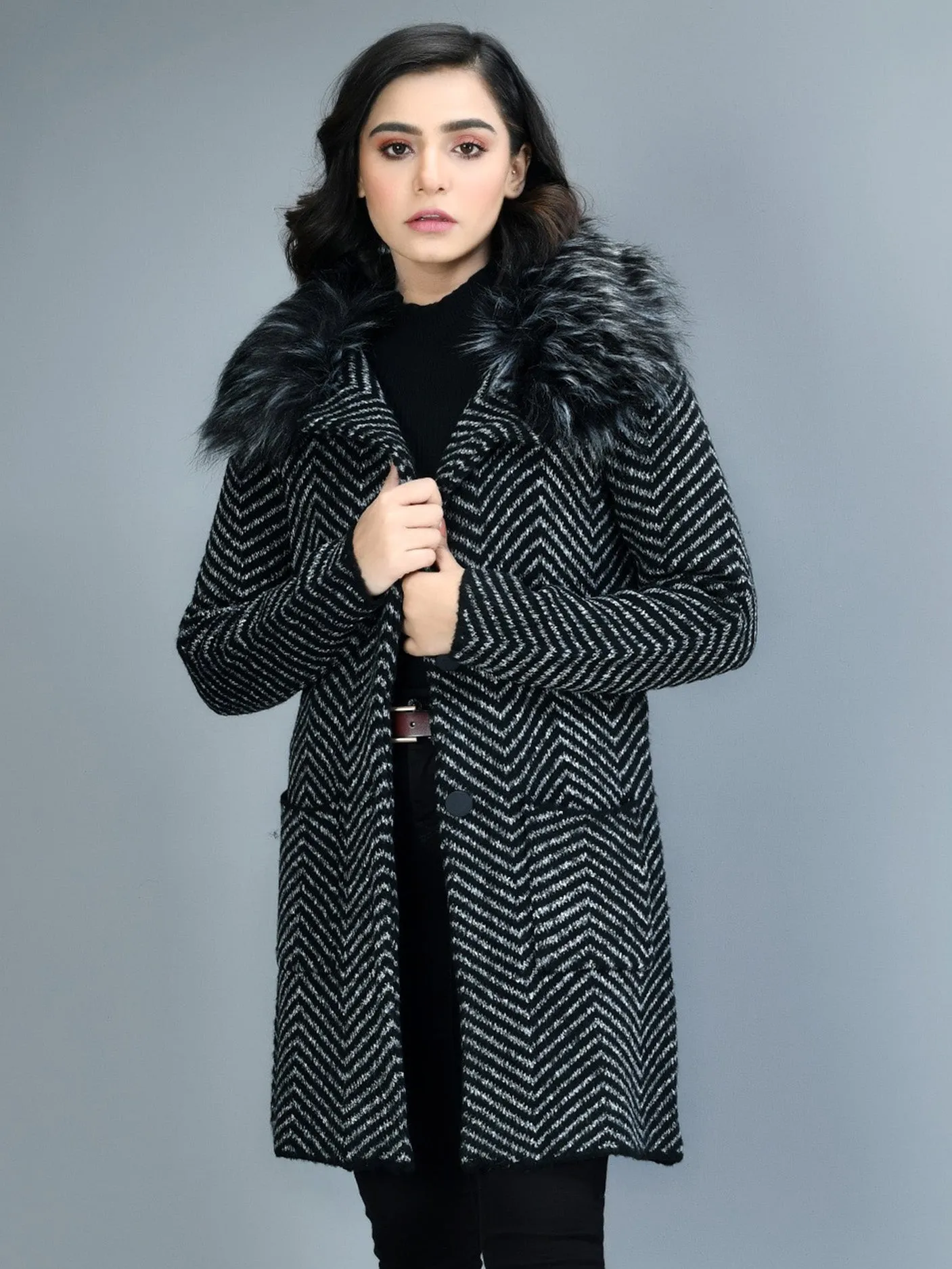 Patterned Faux Fur Coat