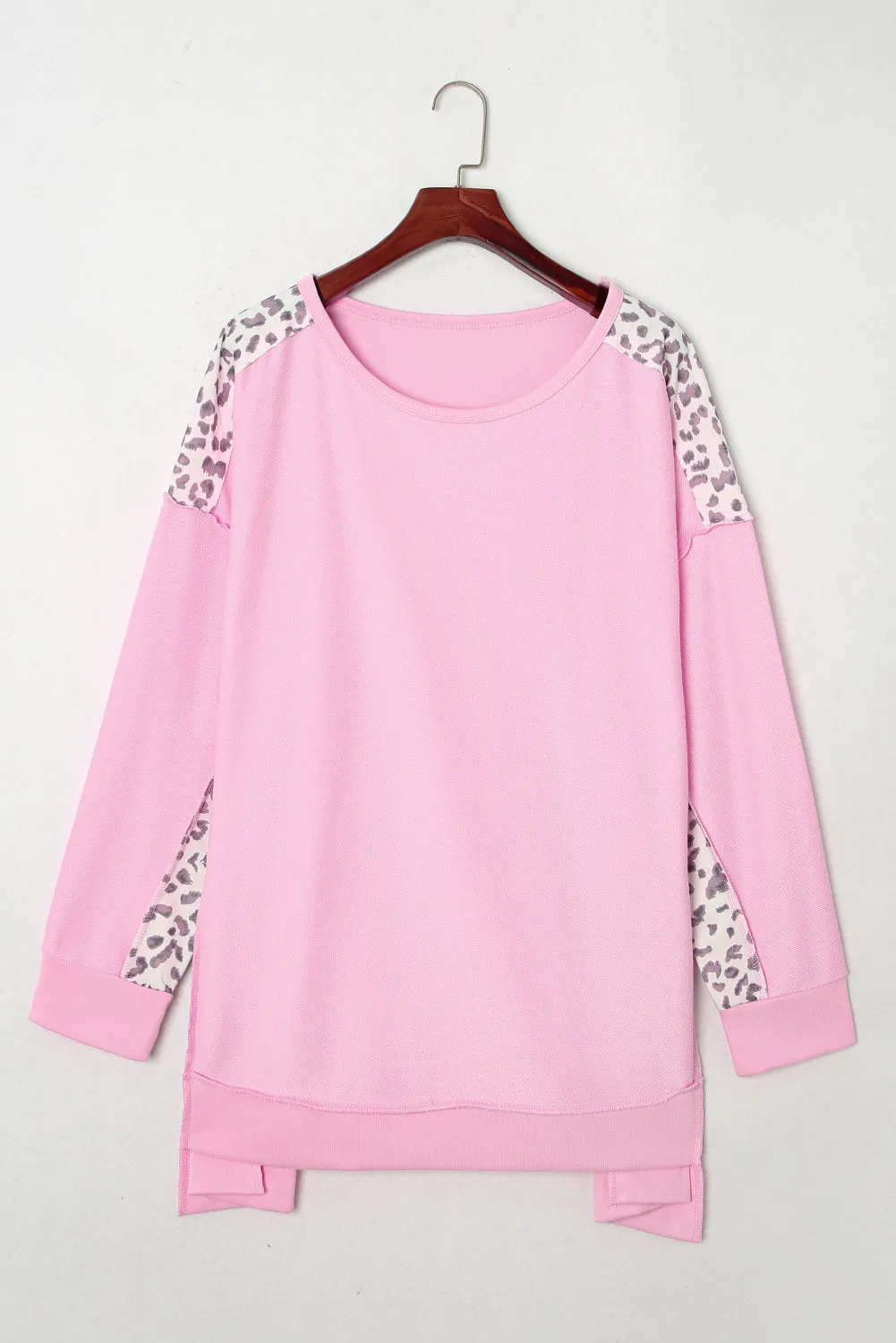 Pink Exposed Seam Leopard Splicing Plus Size Sweatshirt