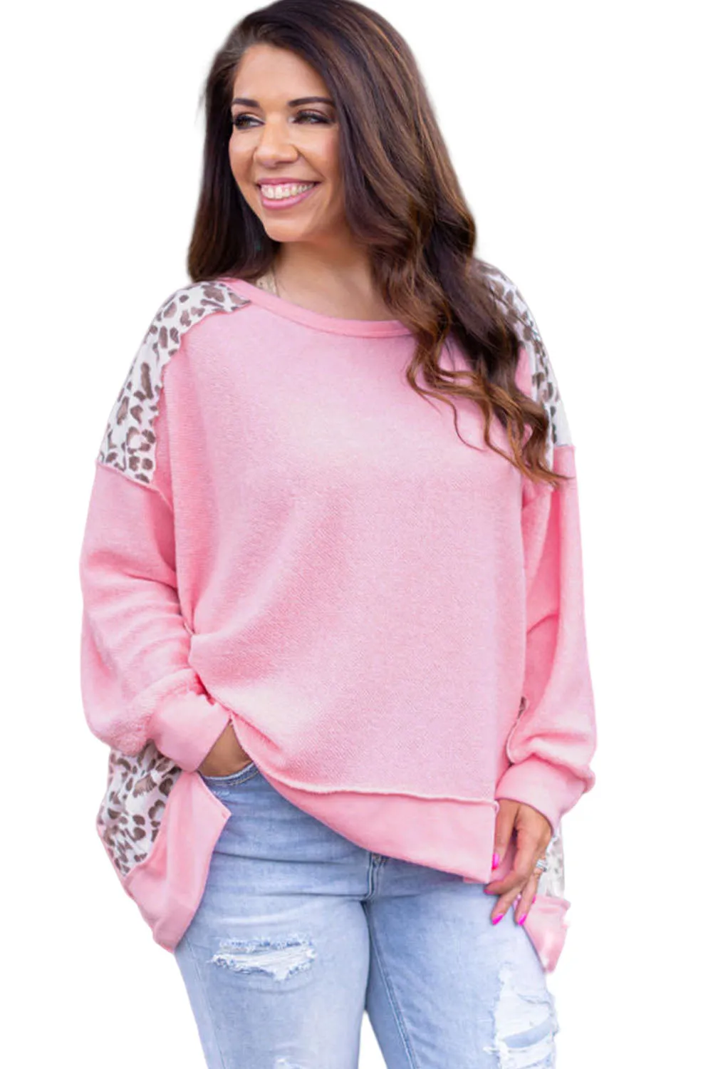 Pink Exposed Seam Leopard Splicing Plus Size Sweatshirt