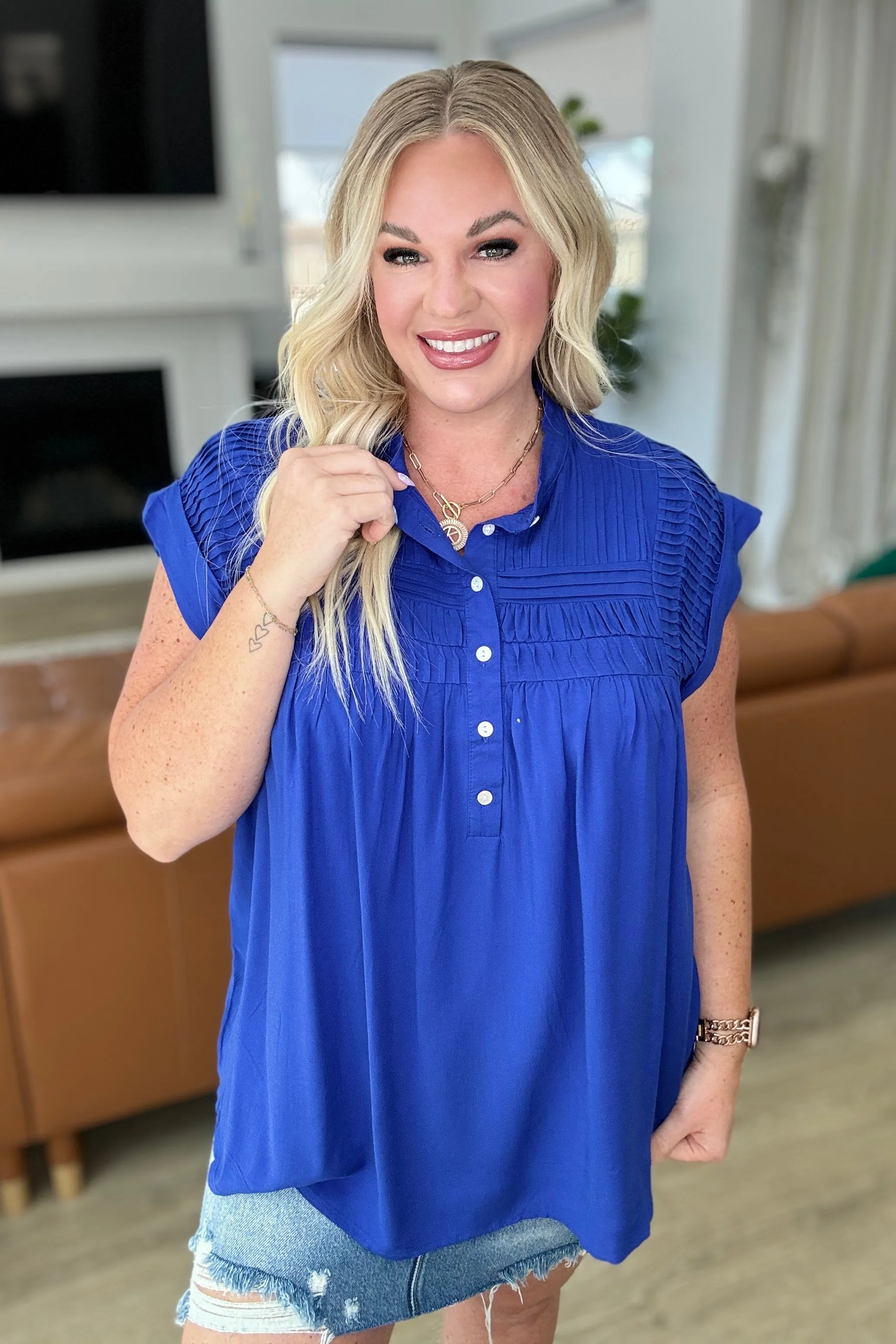 Pleat Detail Button Up Blouse in Royal Blue - Andree By Unit