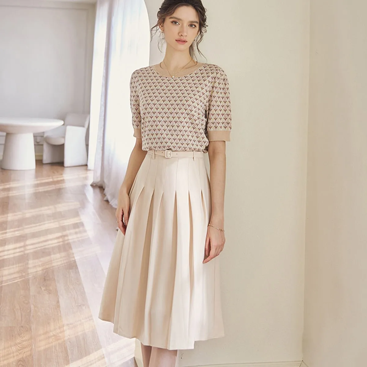 Pleated Apricot High-Waist Skirt