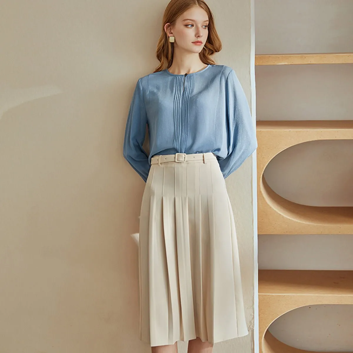 Pleated Apricot High-Waist Skirt