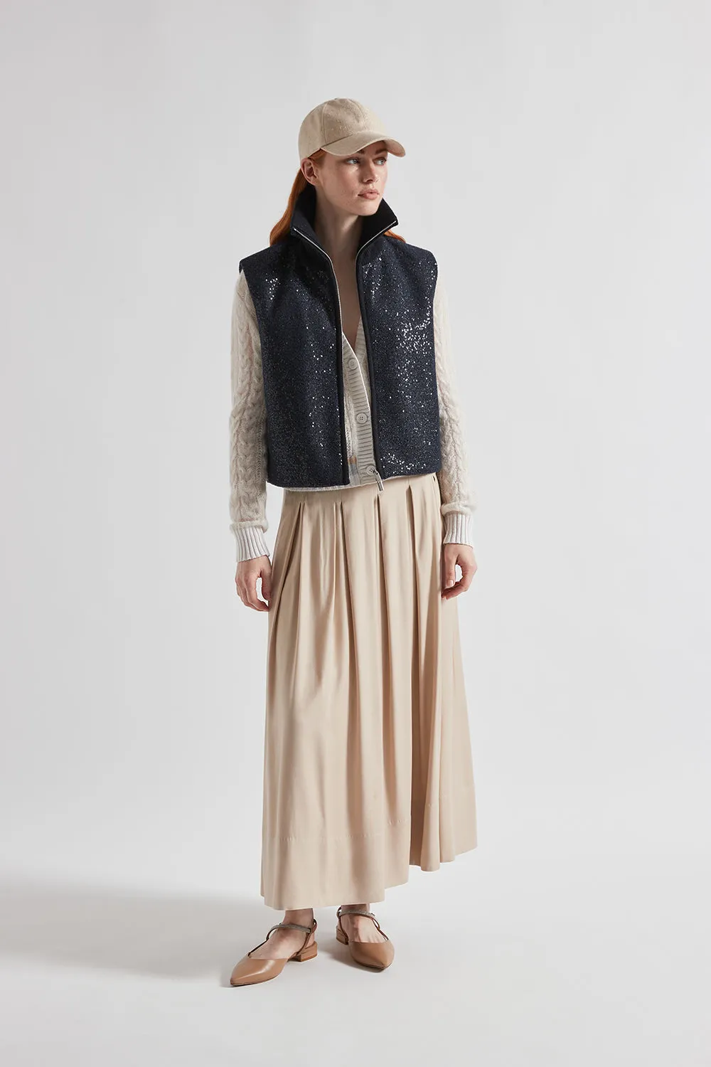 Pleated long skirt in wool and viscose twill