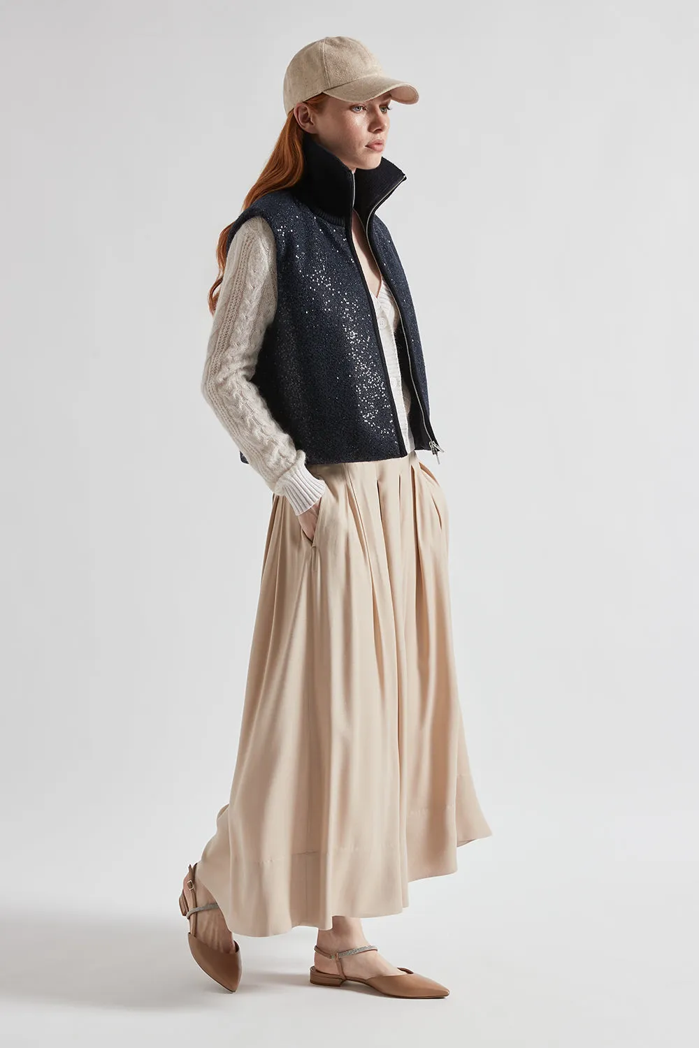 Pleated long skirt in wool and viscose twill