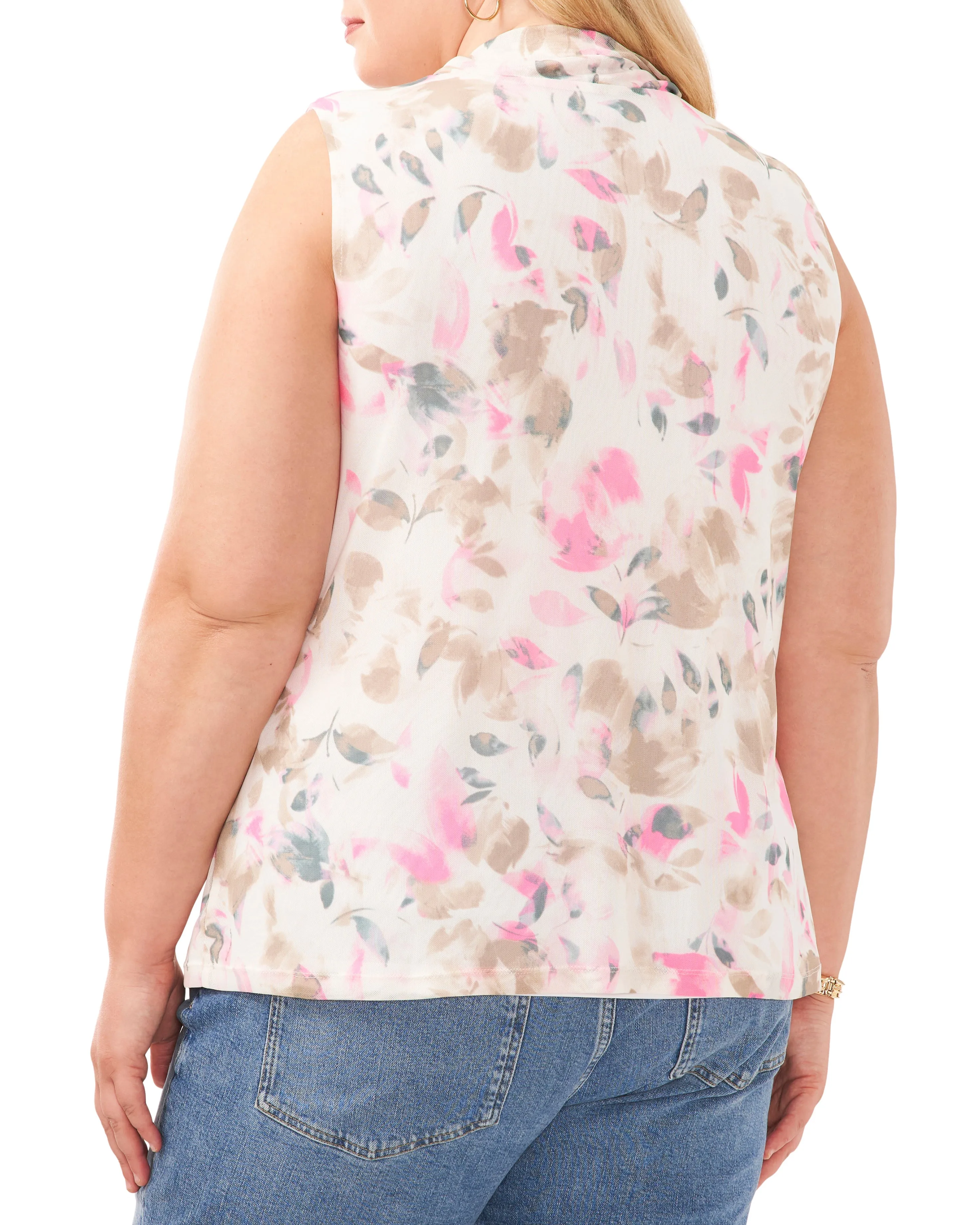 Plus-Size Petal Print Mesh High Neck Tank Top