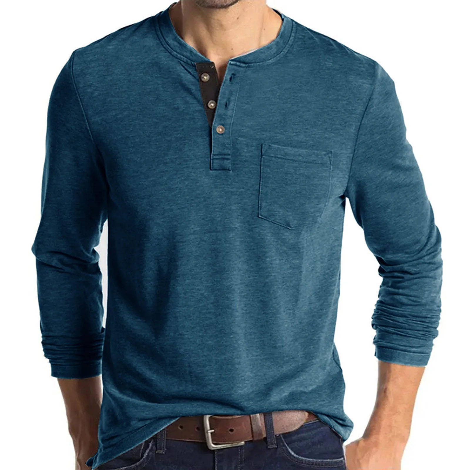 POCKET BUTTON LONG SLEEVE HENLEY SHIRT