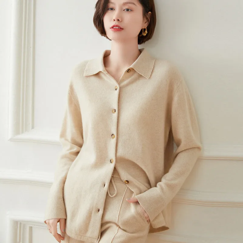 Polo Collar Long-sleeved Cashmere Cardigan Women's Loose Coat Sweater Top