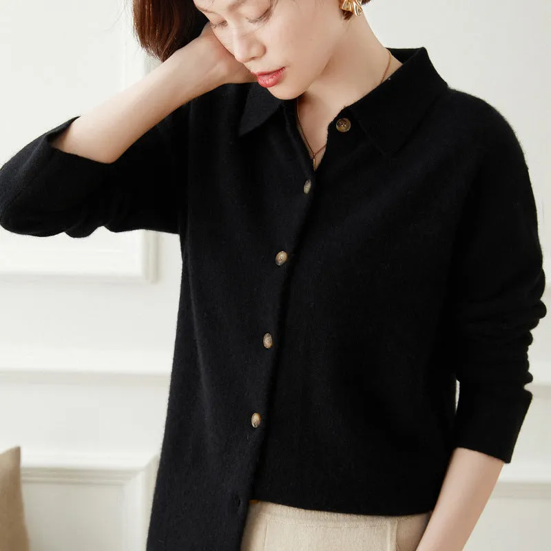 Polo Collar Long-sleeved Cashmere Cardigan Women's Loose Coat Sweater Top