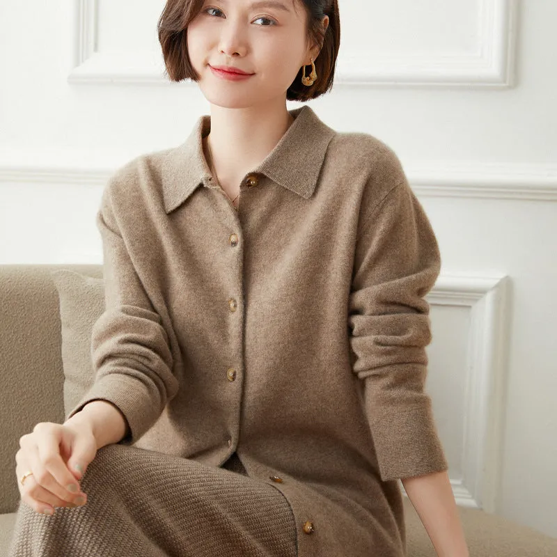 Polo Collar Long-sleeved Cashmere Cardigan Women's Loose Coat Sweater Top