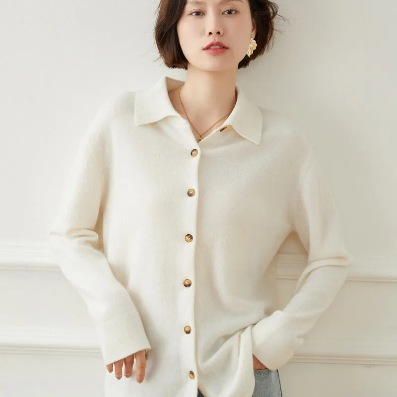 Polo Collar Long-sleeved Cashmere Cardigan Women's Loose Coat Sweater Top