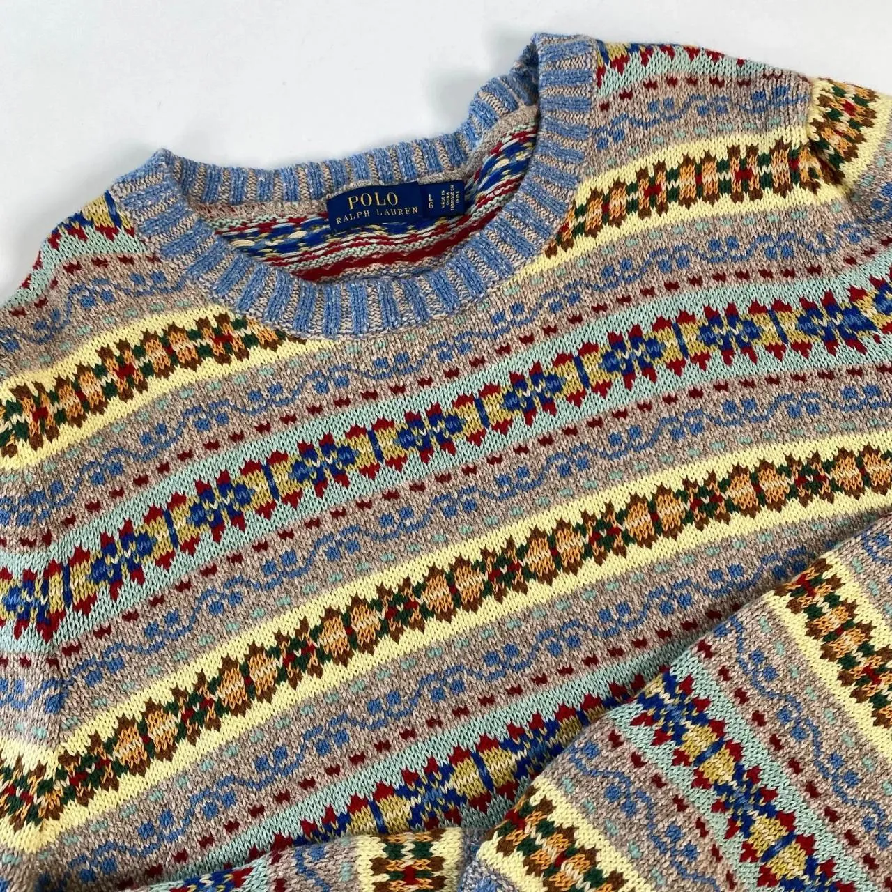 Preowned Polo Ralph Lauren Fair Isle Womens Jumper Size L Multi Sweater Linen Silk Crew.