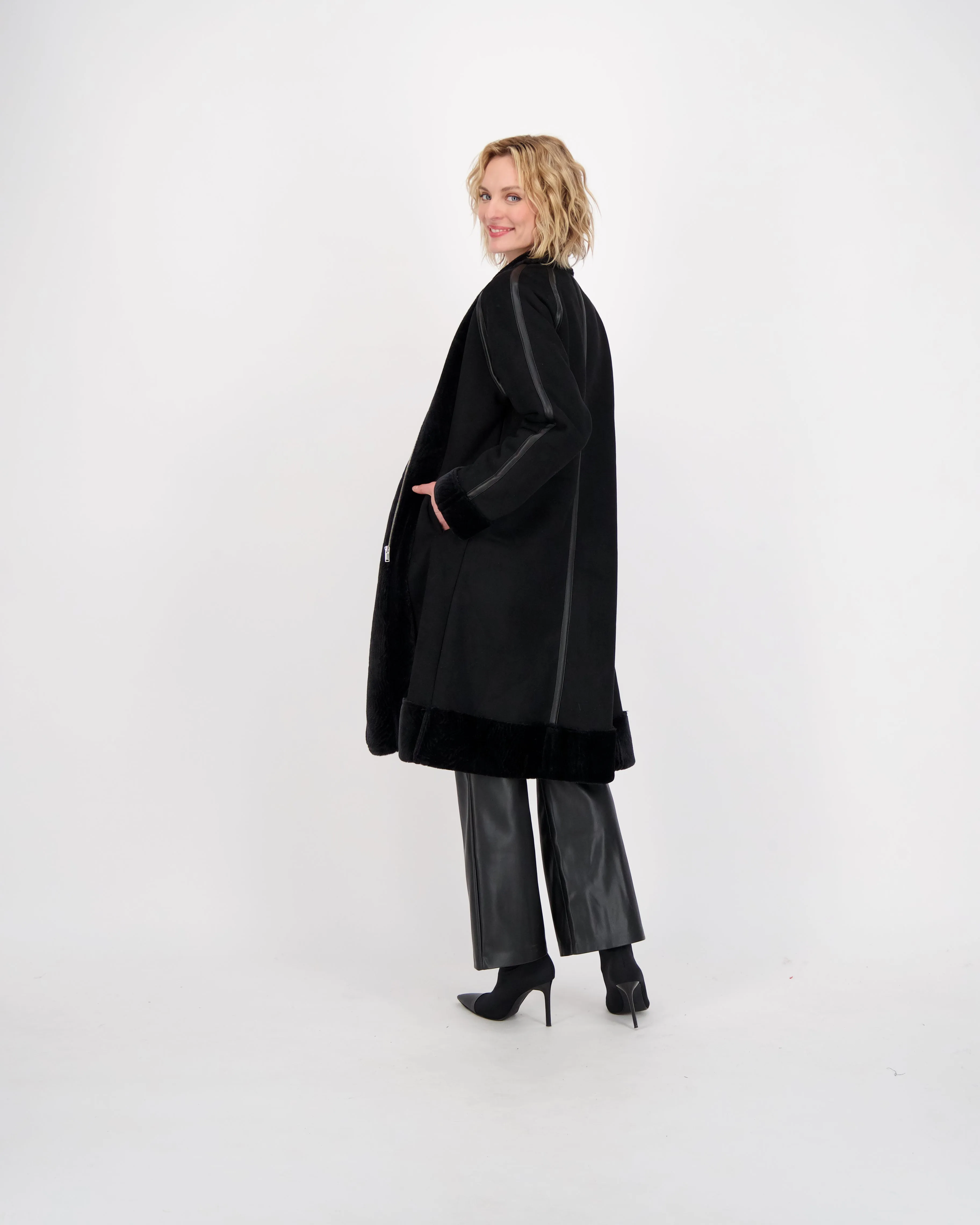 PU Fur Front Zip-Up Long Coat