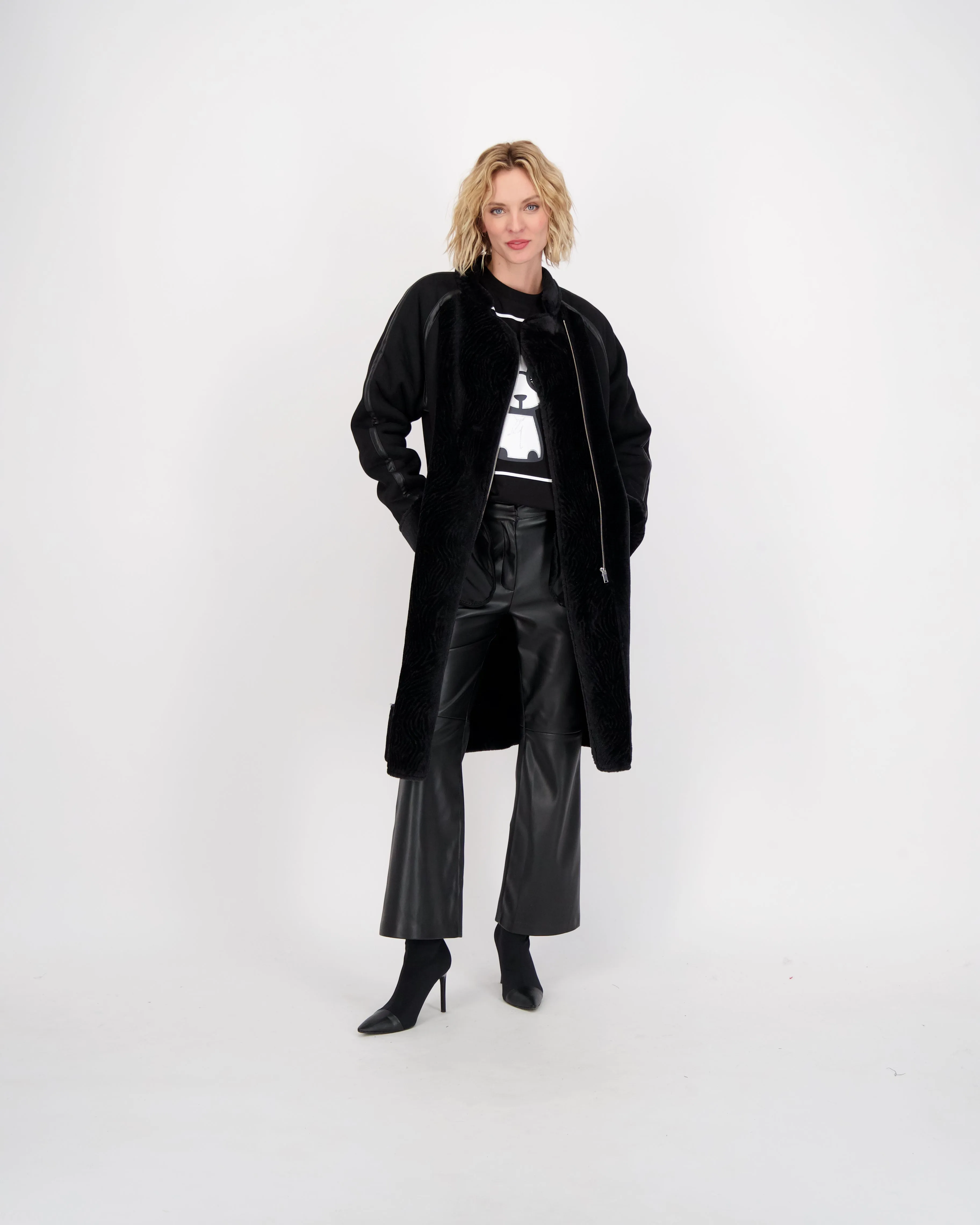 PU Fur Front Zip-Up Long Coat