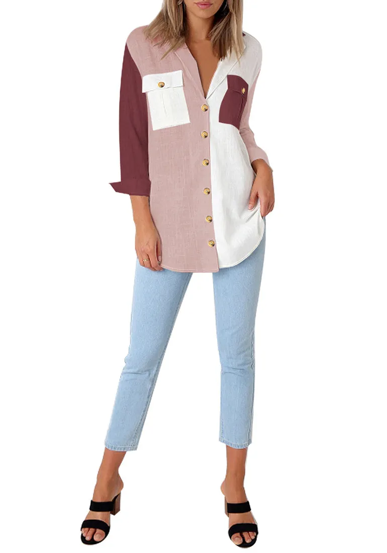 Purple Color Block Long Cuffed Sleeves Lapel Button-Up Blouse