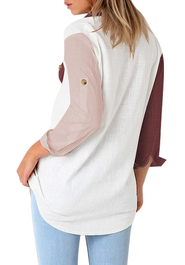 Purple Color Block Long Cuffed Sleeves Lapel Button-Up Blouse