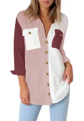 Purple Color Block Long Cuffed Sleeves Lapel Button-Up Blouse