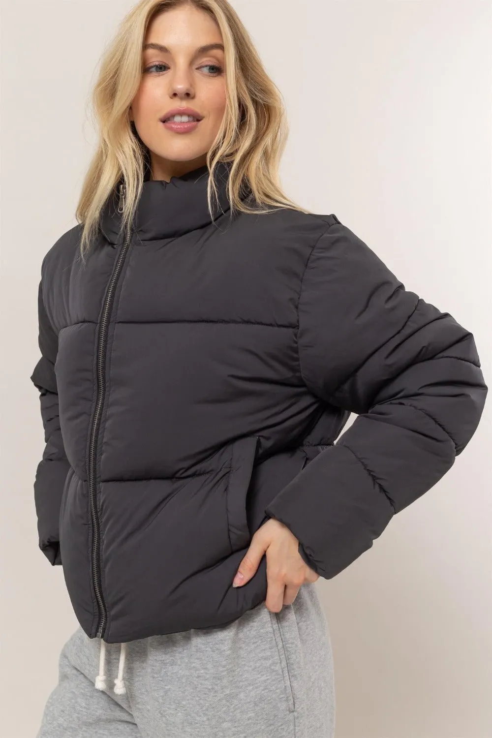 Quilted Back Drawstring Puffer Coat