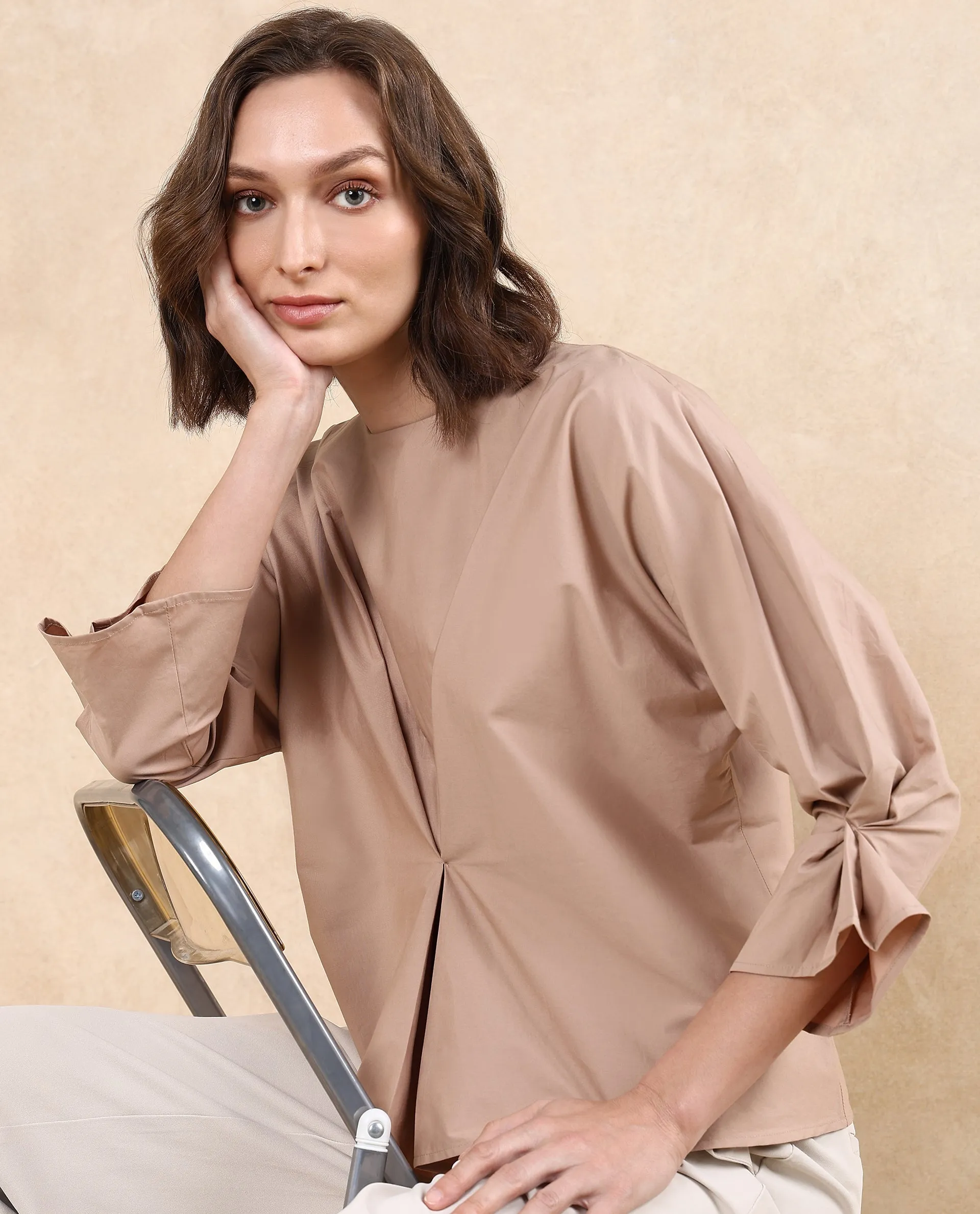 Rareism Women Niloc Beige Cotton Blend Fabric Fashion Sleeve Round Neck Button Closure Relaxed Fit Plain Top