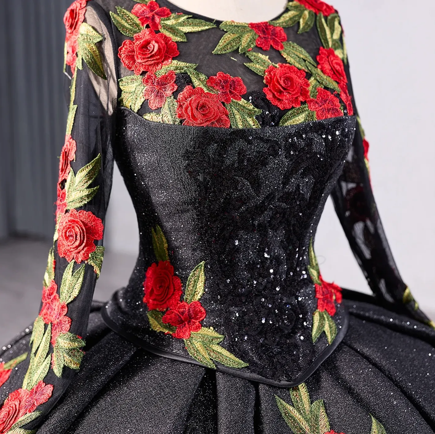 Red Rose Black Quinceañera Ball Gown Dress