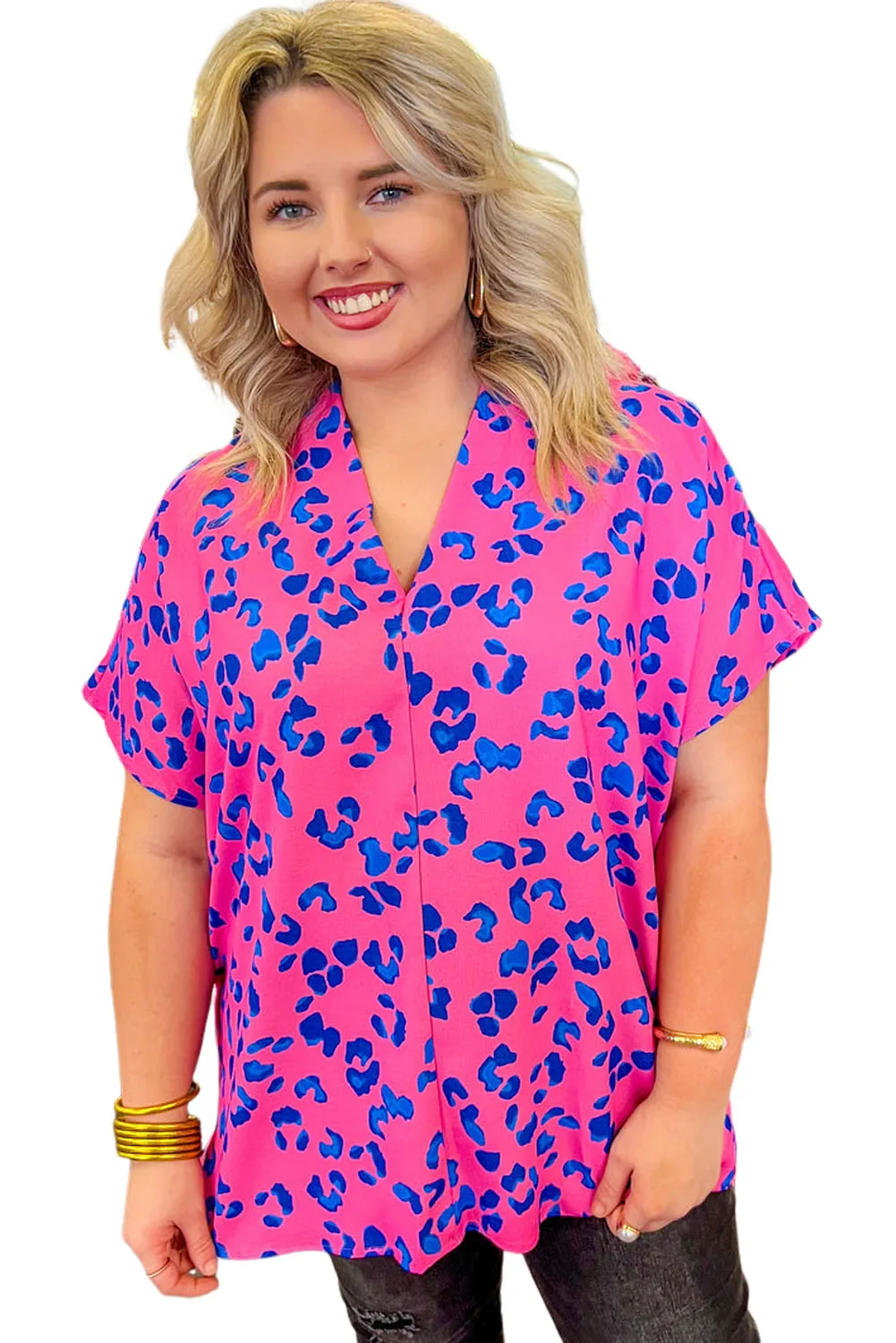 Rose Contrast Leopard Print Plus Size V Neck Blouse