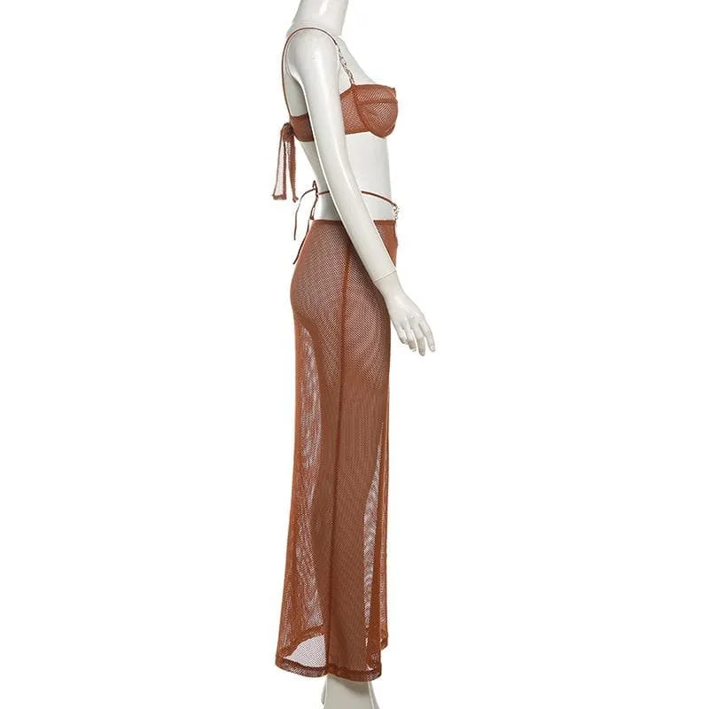 See through bowknot knotted hollow out cami maxi skirt set