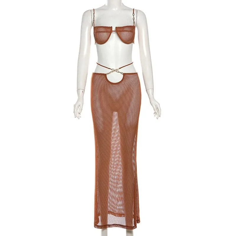 See through bowknot knotted hollow out cami maxi skirt set