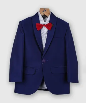 Self-Textured Navy Coat Suit Set with a Red Bow