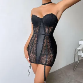 Sexy Lace Halter Mini Dress with Sheer Panels for Ladies