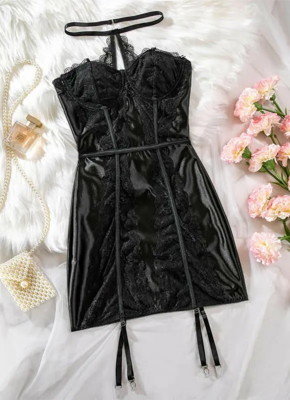 Sexy Lace Halter Mini Dress with Sheer Panels for Ladies