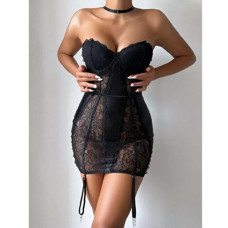 Sexy Lace Halter Mini Dress with Sheer Panels for Ladies