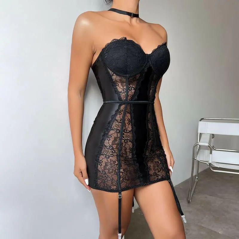 Sexy Lace Halter Mini Dress with Sheer Panels for Ladies