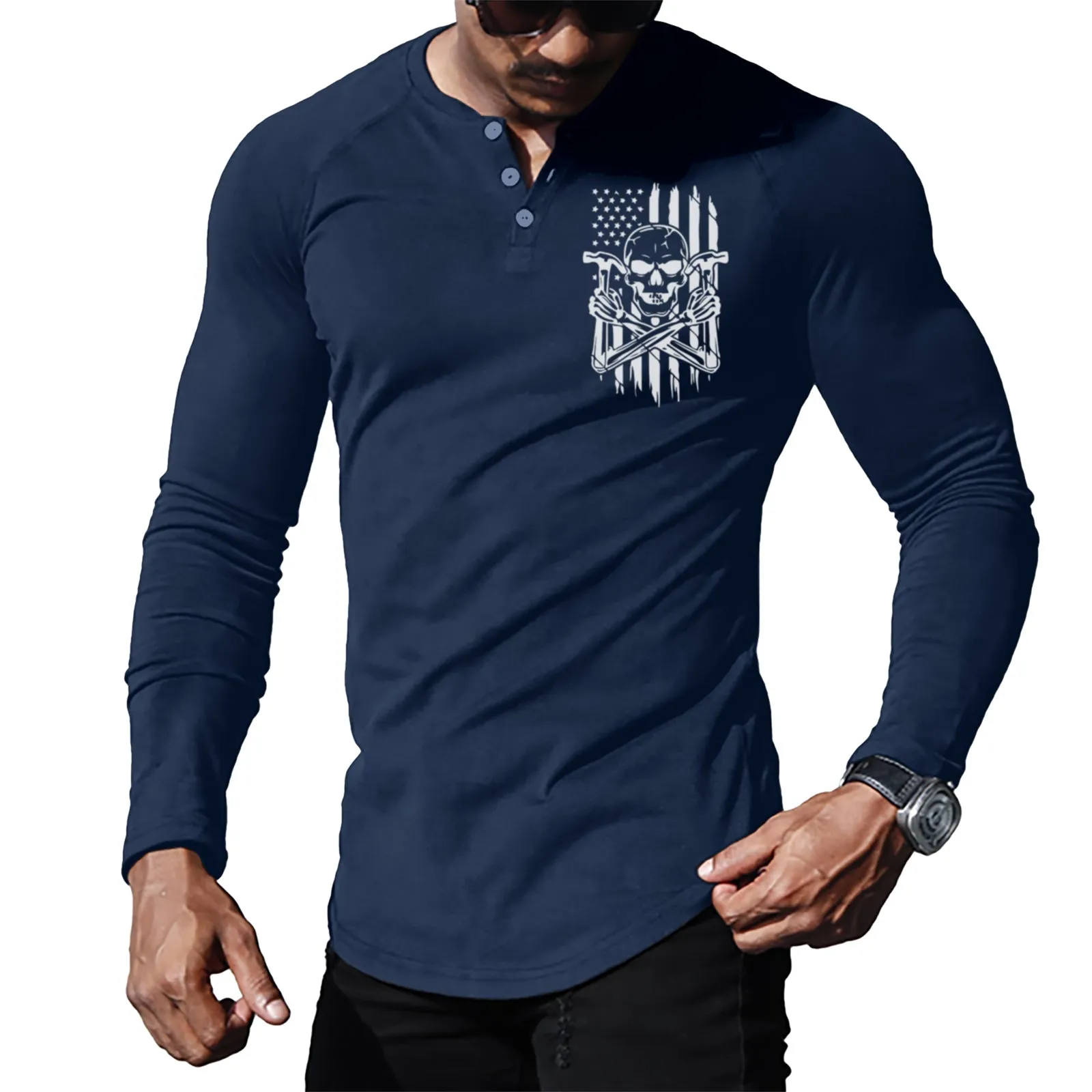 SKULL USA FLAG RAGLAN GRAPHIC LONG SLEEVE HENLEY SHIRT