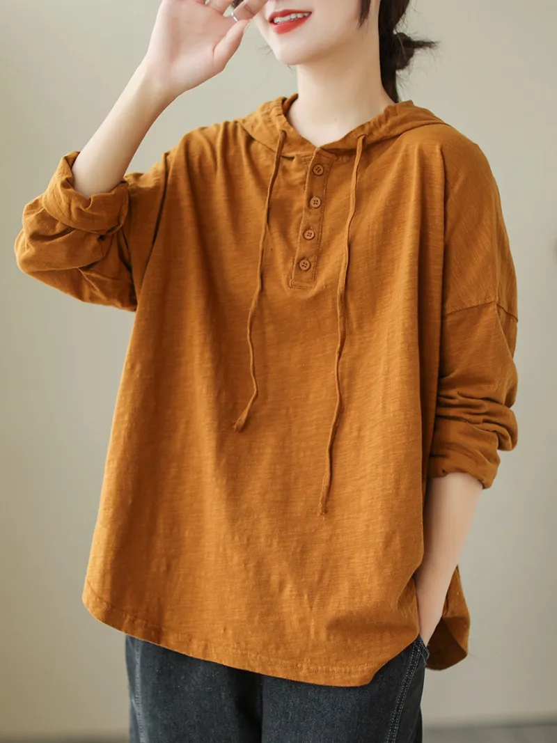 Solid Color Loose Large Size Long-Sleeved T-shirt Casual Hooded T-shirt Top